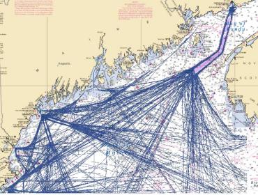 A map showing tanker routes through the Gulf of Maine.