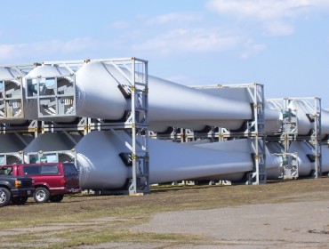 Wind turbine blades stacked at the port of Eastport.