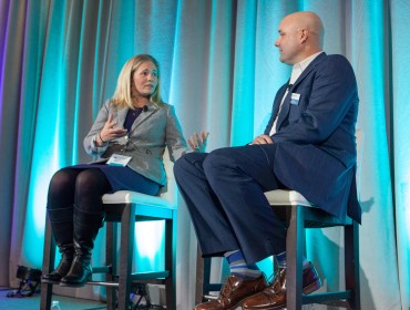 Hannah Pingree, left, answers a question posed by Island Institute president Rob Snyder.