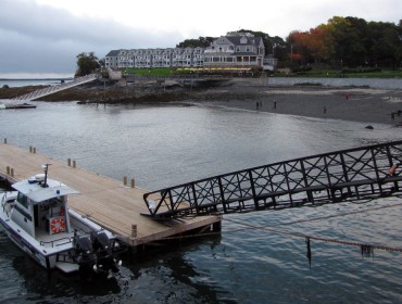 The Bar Harbor Inn at right on a cloudy autumn day.