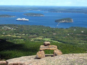 A cruise ship seen from the North Ridge Trail on Cadillac Mountain.