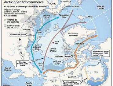 Map showing potential Arctic trade routes