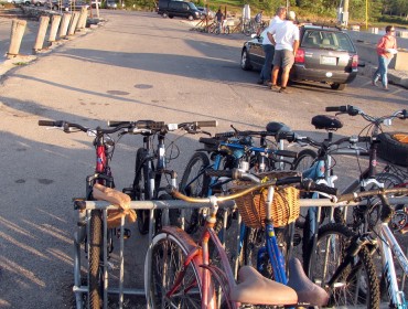 Bicycles in a rack on Chebeague Island's Stone Pier.