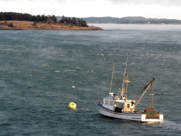 A scallop dragger at its mooring on a windy, cold day in Lubec.