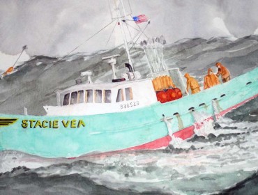 Stevie Robbins Jr.’s boat, the Stacie Vea, as rendered in watercolor by Tom Santaguida, who notes it was “inspired by seeing her out on the international line in a breeze on our way back from the Grand Banks of Newfoundland.”