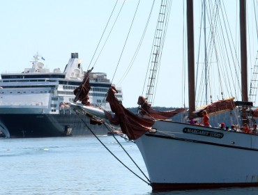 The Margaret Todd obscures the view of a cruise ship off Bar Harbor.