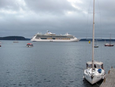 A tender carries passengers back to their cruise ship from Bar Harbor's town landing.