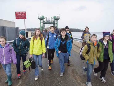 Students disembark from the ferry on Islesboro