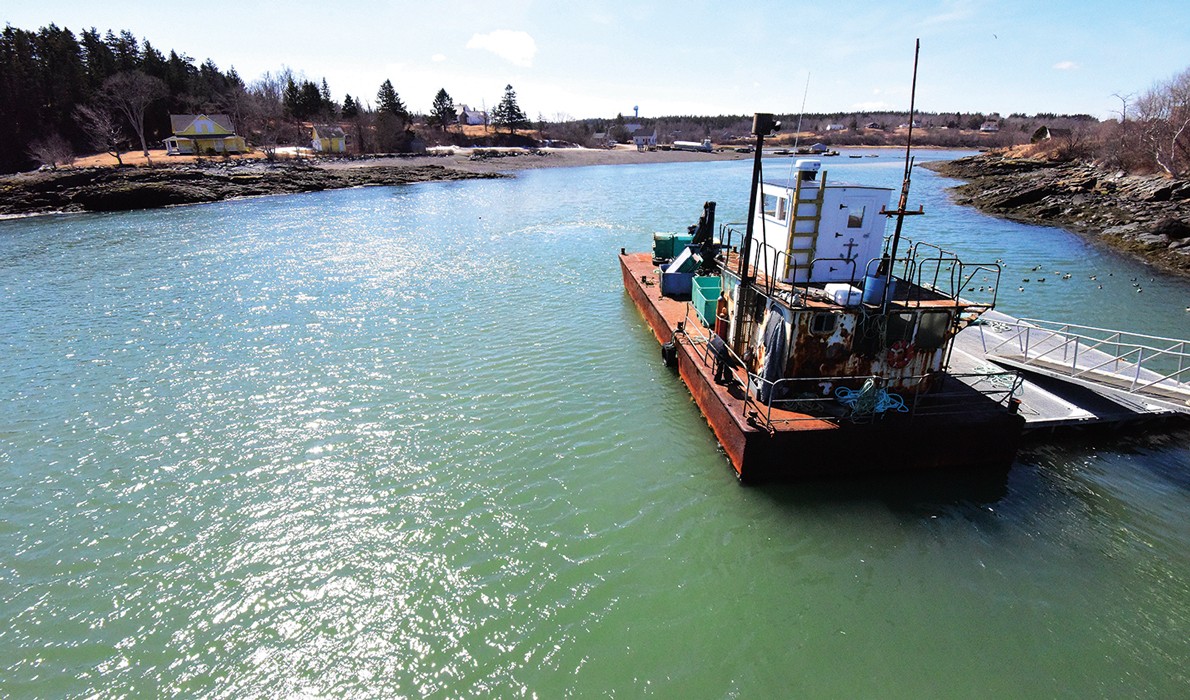 A barge  moored in Bucks Harbor.