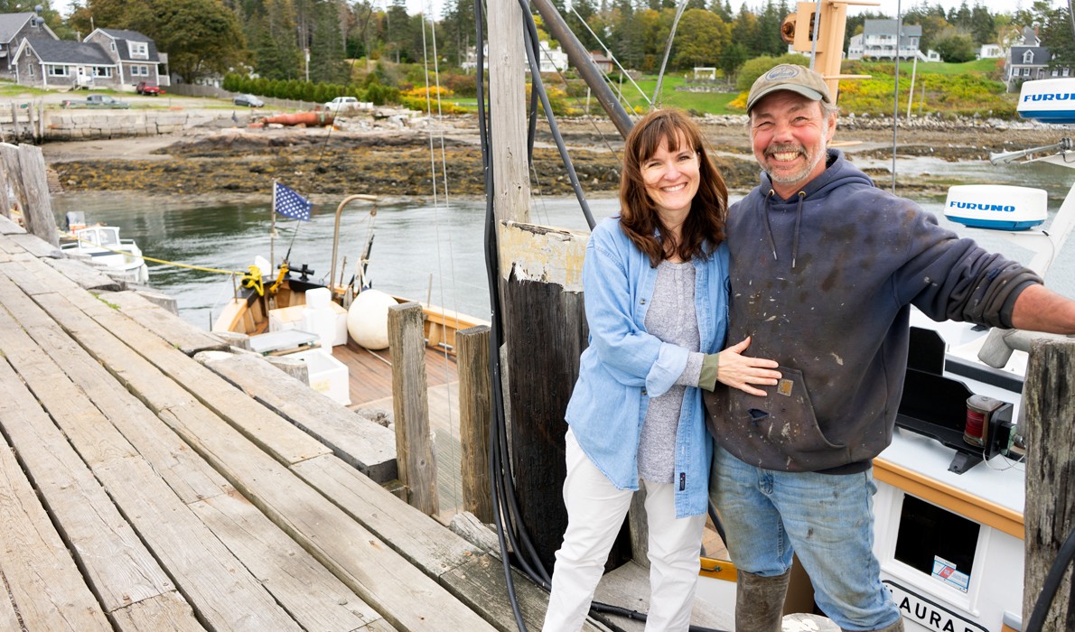 Amy and Andy Barstow on the dock of Monhegan Boat Lines. 