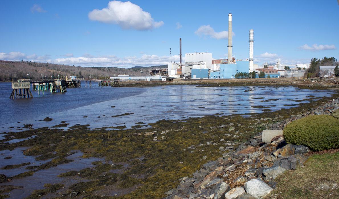 The now-defunct Verso paper mill in Bucksport with the oil dock visible at left.