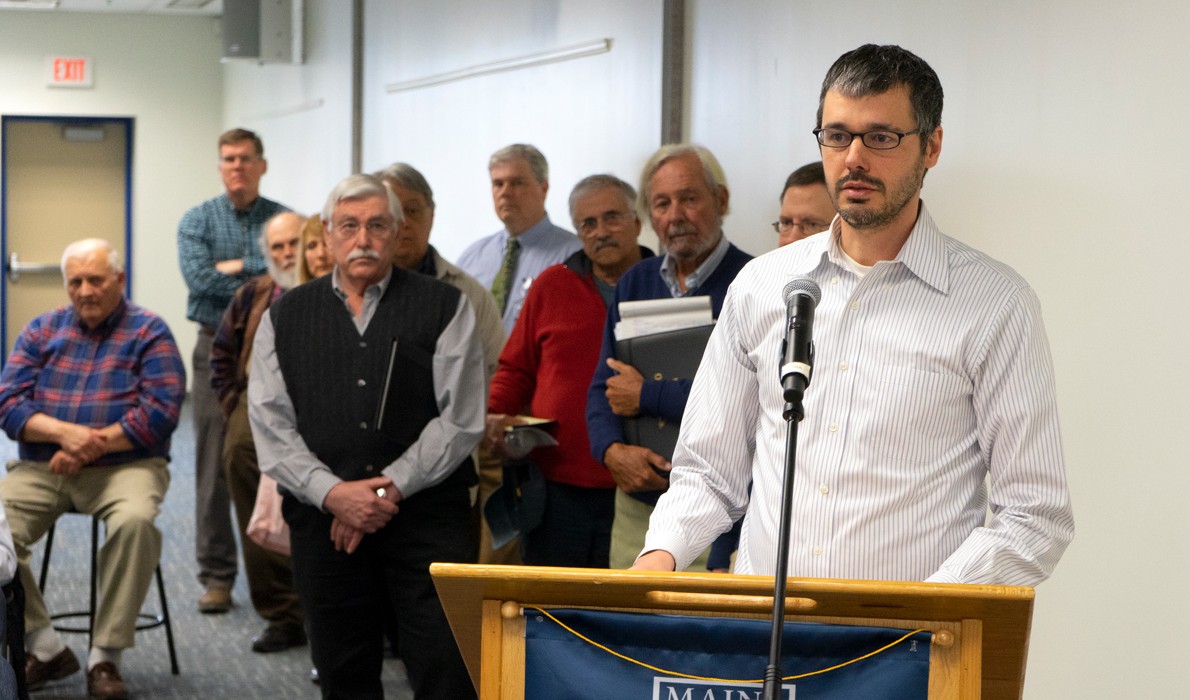 Gabe Pendleton, a member of the Islesboro Select Board, speaks April 24 at a hearing on ferry rates.