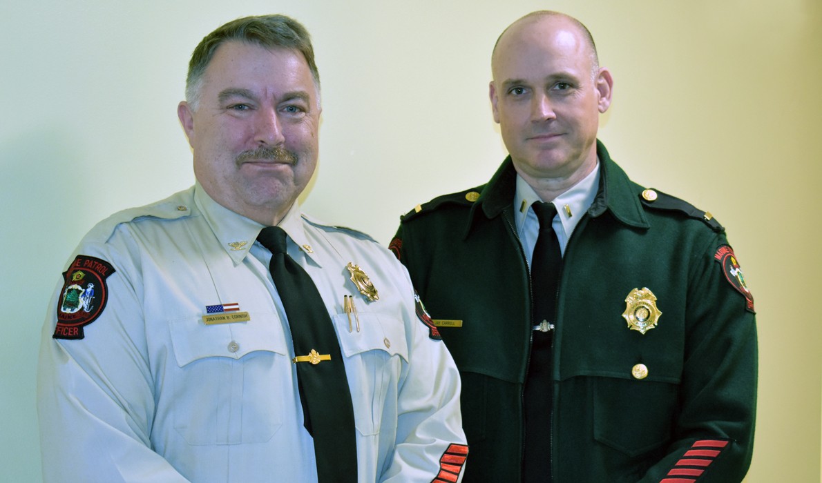 Col. Jon Cornish, left, has retired after 34 years with the Maine Marine Patrol. Stepping into the patrol’s top spot is Jay Carroll, who became colonel on April 1. PHOTO: COURTESY DEPARTMENT OF MARINE RESOURCES