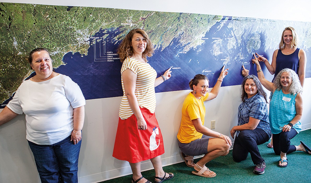 One-room school teachers who participate in the Teaching and Learning Collaborative: from left, Michelle Carvalho (Cuttyhunk), Mandy Metrano (Monhegan), Marcela Carroll (Isle au Haut), Laura Venger (Frenchboro), and Jan Keiper and Haley Estabrook (Cranber