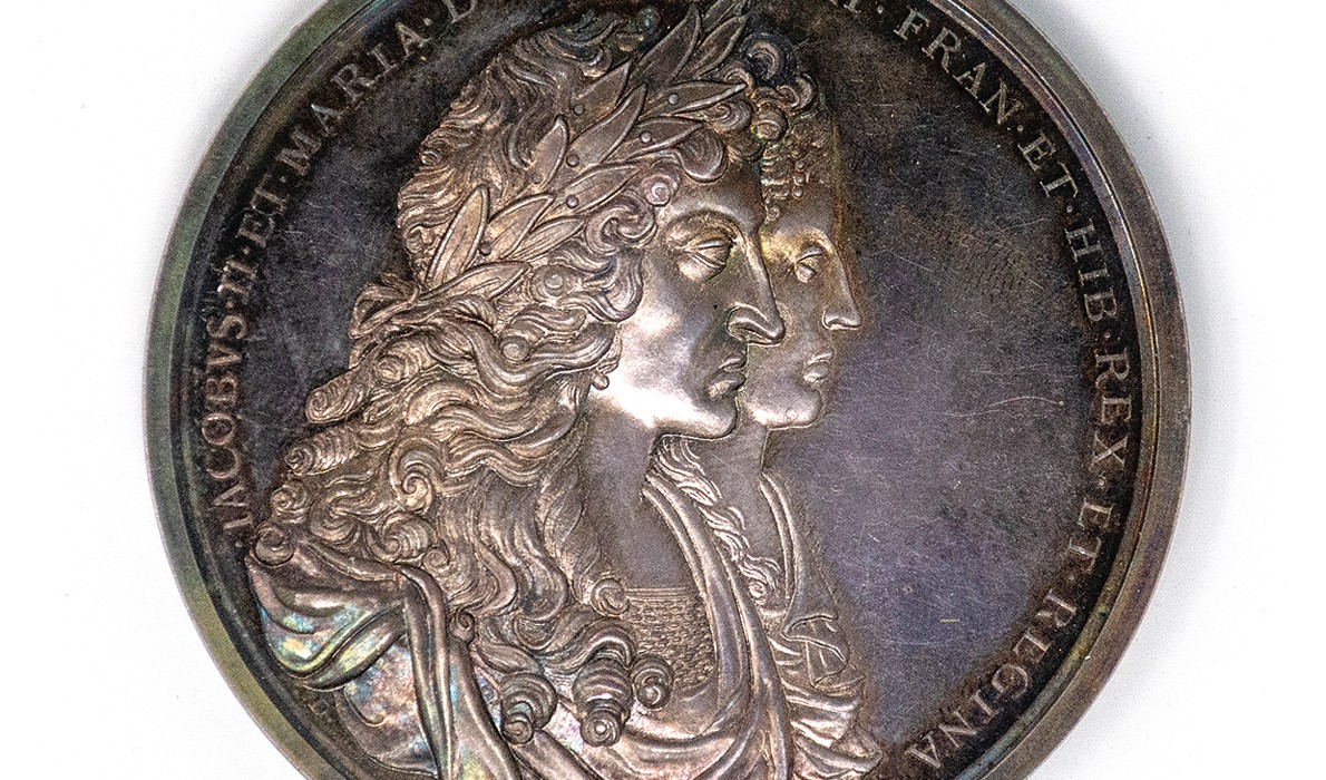 The medallion originally issued by King James II, and restruck in 1971 (on loan to the Maine Maritime Museum in Bath from Peter Benoit). PHOTO: COURTESY MAINE MARITIME MUSEUM