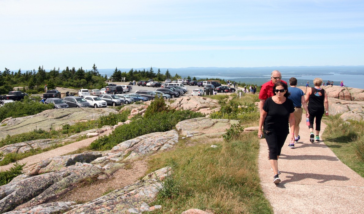 The top of Cadillac Mountain on a busy summer day.