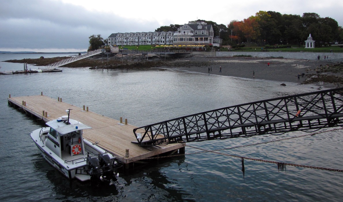 The Bar Harbor Inn at right on a cloudy autumn day.