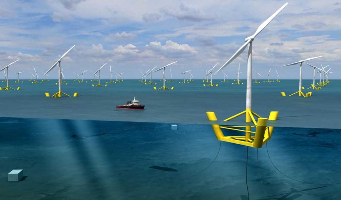 Floating wind turbines illustrated in one design.