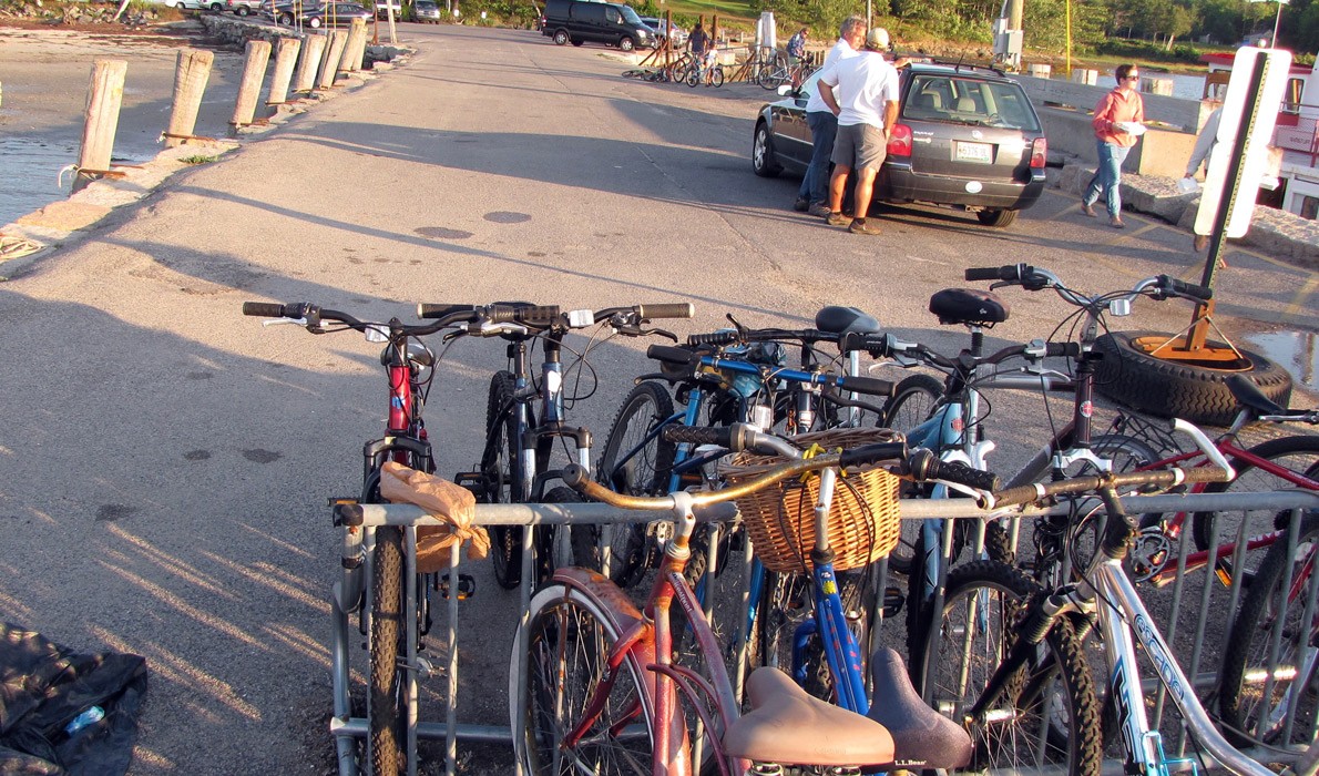 Bicycles in a rack on Chebeague Island's Stone Pier.