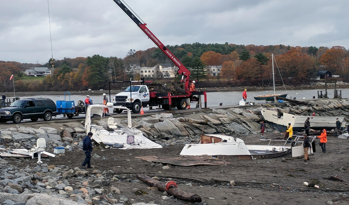 The remnants of boats destroyed in the Oct. 30 storm washed ashore near Belfast's breakwater.