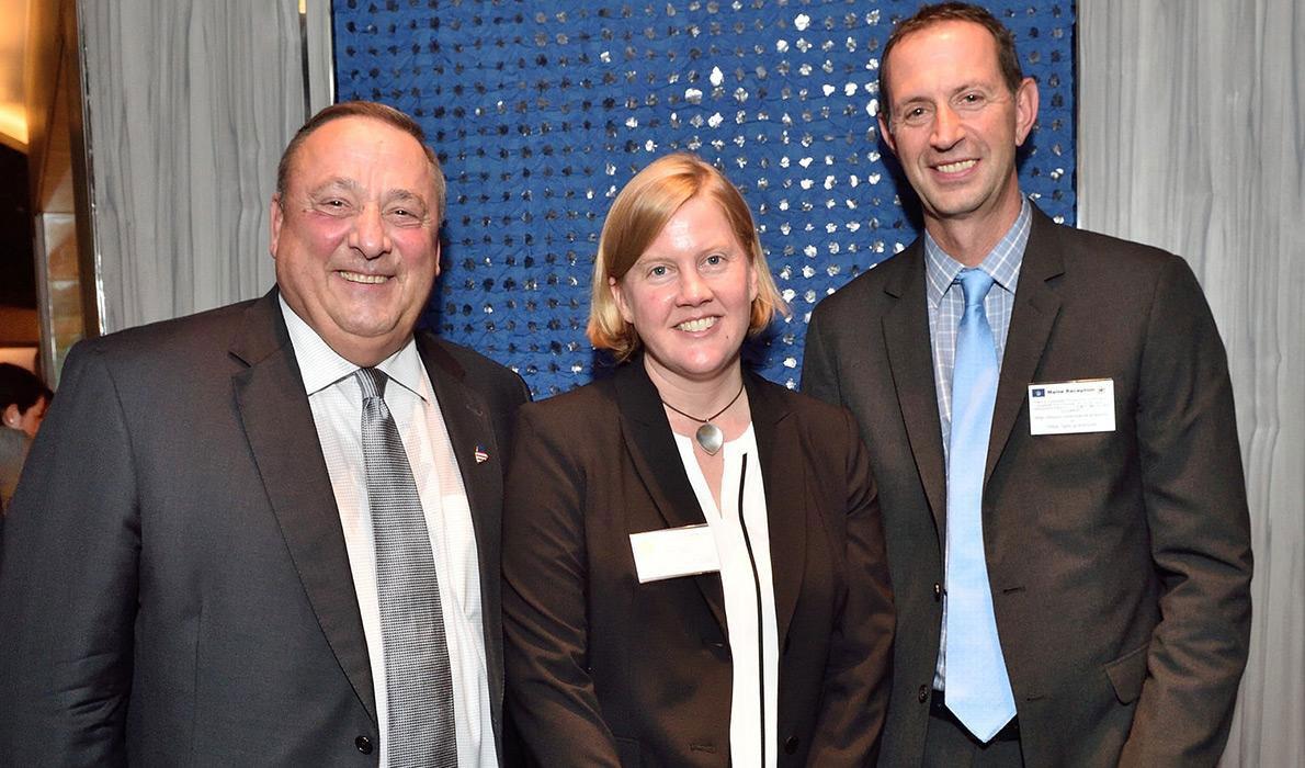 From left, Gov. Paul LePage; Deirdre Gilbert, DMR's policy director; and Jeff Bennett, a senior trade specialist with the Maine International Trade Center.