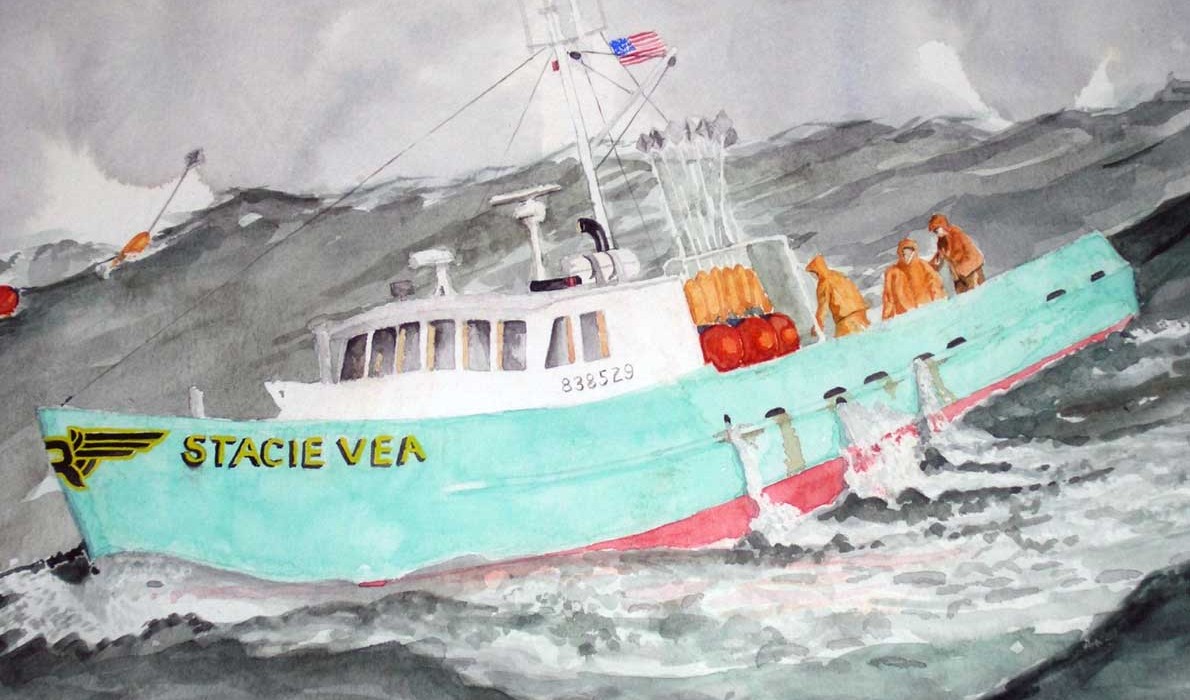 Stevie Robbins Jr.’s boat, the Stacie Vea, as rendered in watercolor by Tom Santaguida, who notes it was “inspired by seeing her out on the international line in a breeze on our way back from the Grand Banks of Newfoundland.”