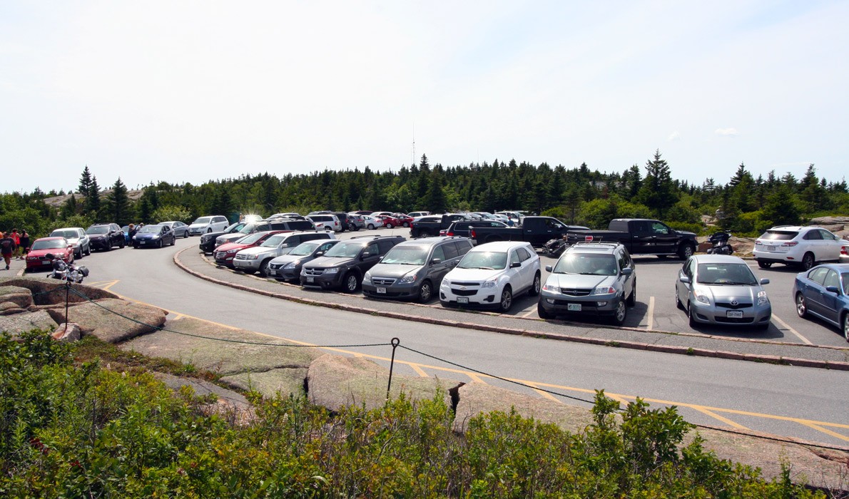 Parking spaces full at the top of Cadillac Mountain.