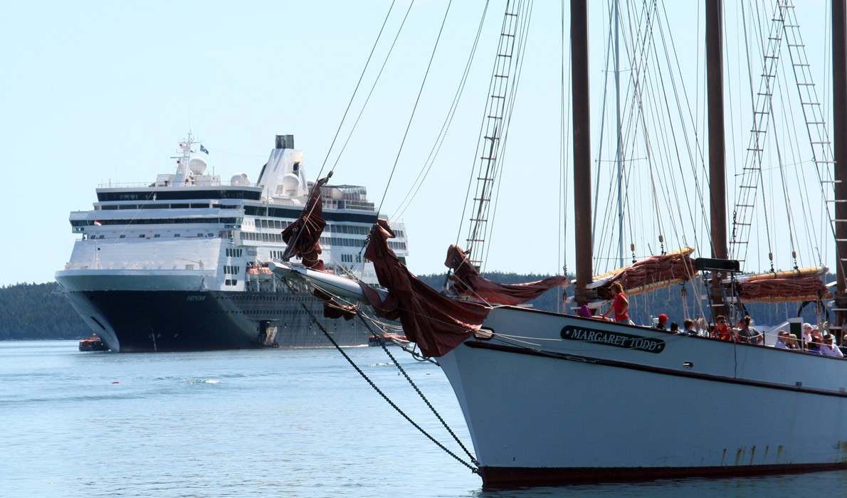 The Margaret Todd obscures the view of a cruise ship off Bar Harbor.