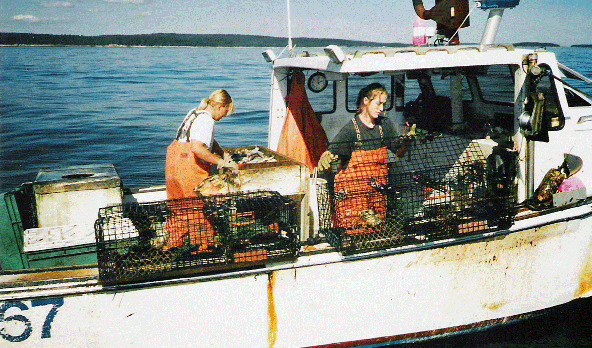 Sisters Betsy and Jill Philbrook fish from their boat off Swan's Island