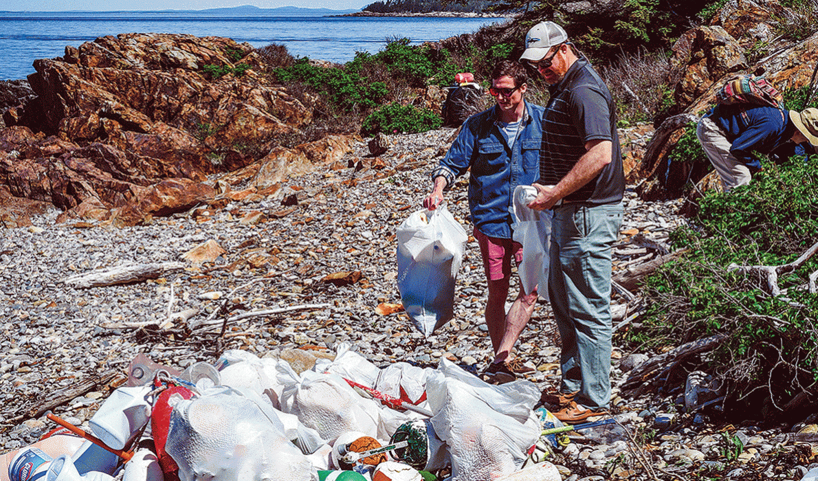 Volunteers pick up trash.