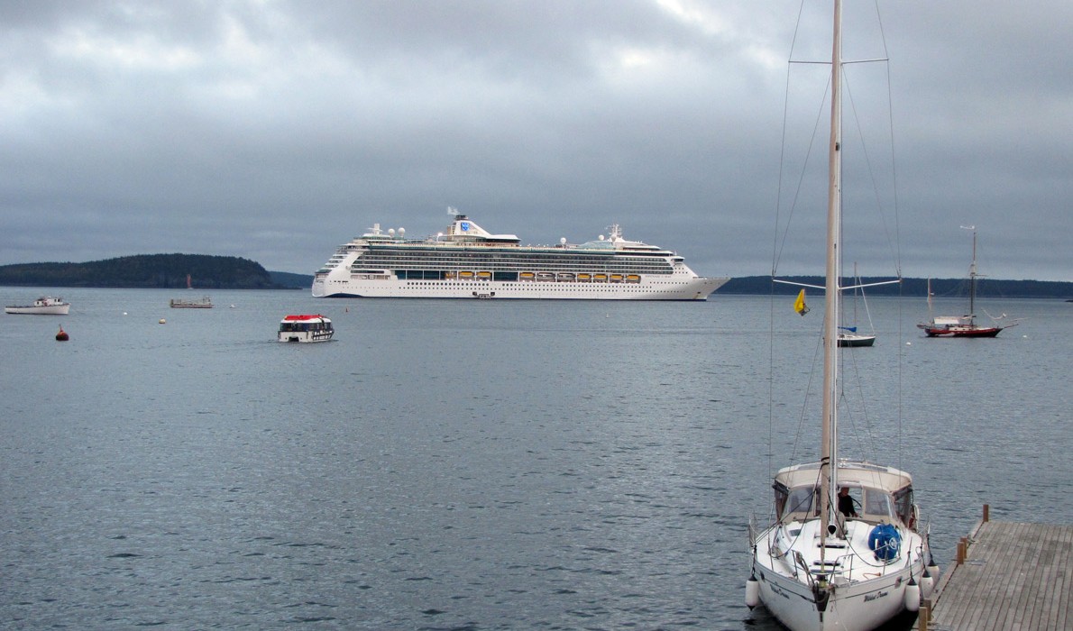 A tender carries passengers back to their cruise ship from Bar Harbor's town landing.