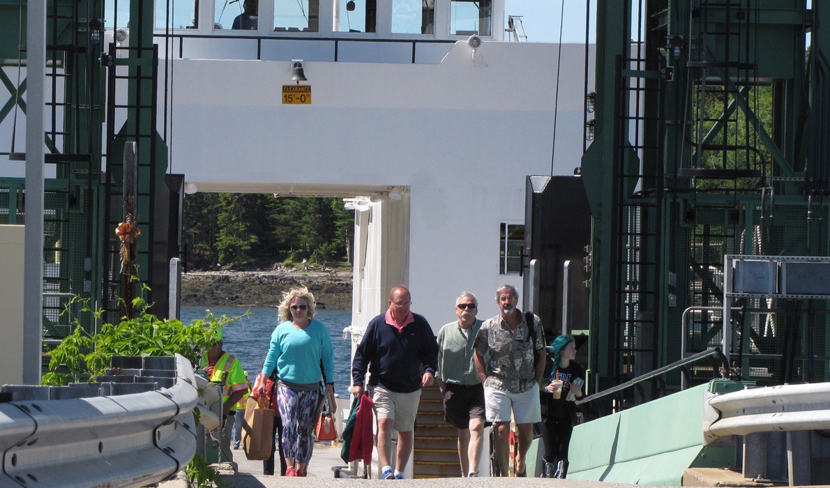 Passengers disembark from the Islesboro ferry in Lincolnville Beach.