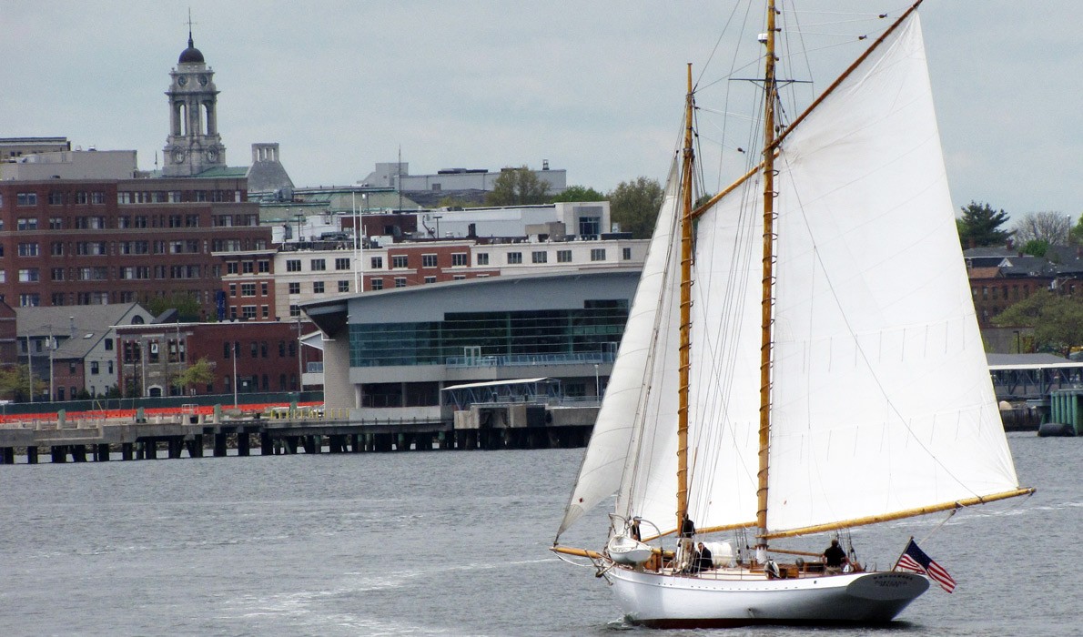 Sailboat approaches Portland's waterfront