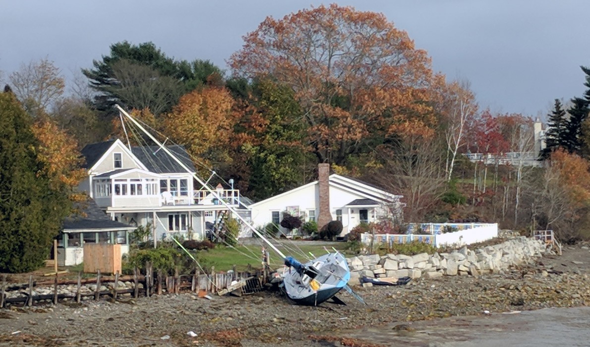 A sailboat that broke free during the Oct. 30 story on the shore in Belfast.